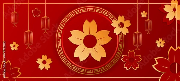 Fototapeta Happy Chinese New Year 2022 by gold brush stroke abstract paint of the flower, cloud, lantern and ornament isolated on red background.