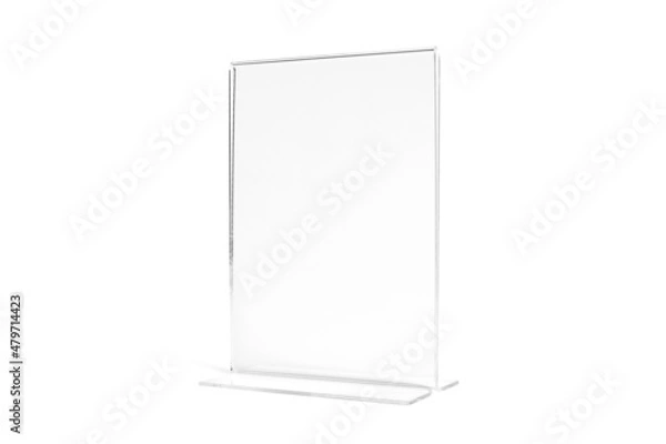 Fototapeta Vertical transparent desk display isolated on white background. Advertising trade stand banner. Mock Up Template. Front view. Table tent menu holder T shaped A4 or A5 format. Plastic ad plate.