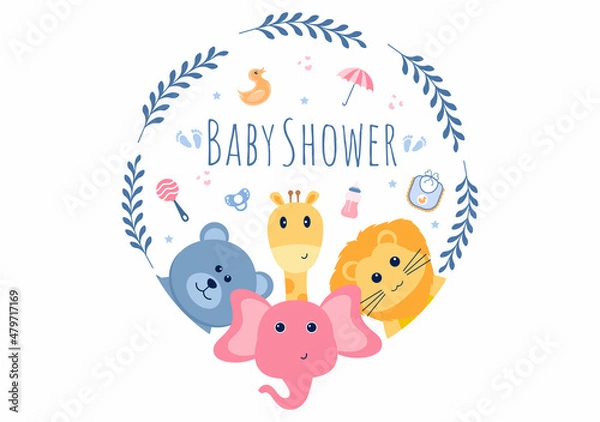 Fototapeta Baby Shower Little Boy or Girl with Cute Jungle Animals Design Background Vector Illustration Suitable for Invitation and Greeting Card