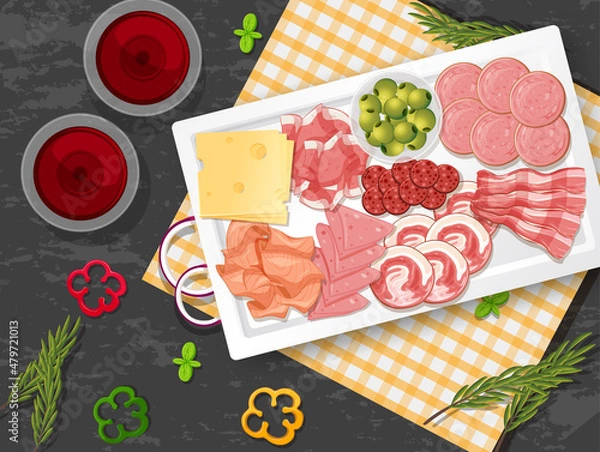 Fototapeta Lunch meat set with different cold meats on platter