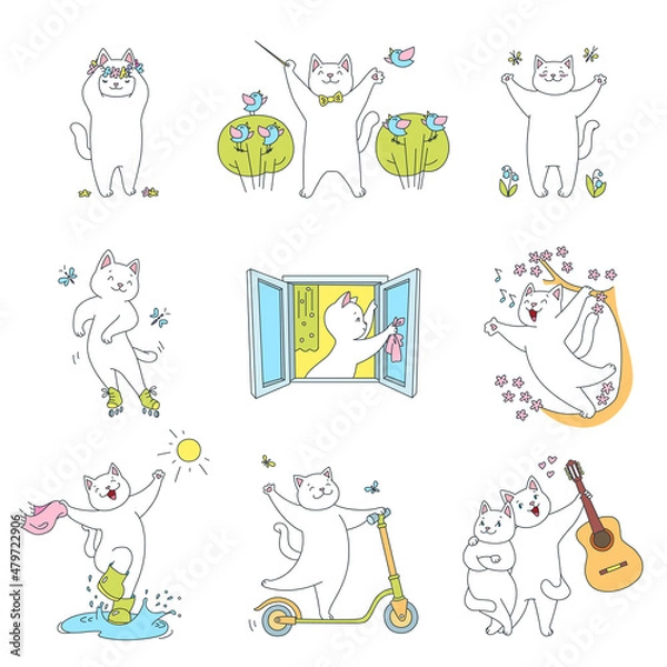 Fototapeta Collection of cute kittens enjoying springtime. Autumn illustrations of cute cats jumping through puddles, riding a scooter, listening to a singing bird in spring. Vector 10 EPS.