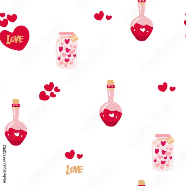 Fototapeta Seamless pattern with love potion bottle. Vector illustration. Design for Valentines Day. Love potion Hand draw cartoon magic bottles. for wrap paper, wallpaper, background, seasonal textile.