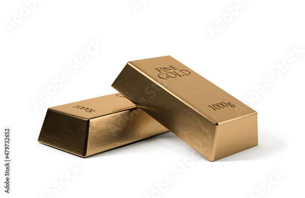 Obraz Stacked gold bars, Isolated from white background, 3d rendering
