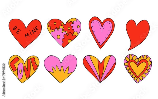 Fototapeta vector set of vibrant psychedelic valentines.Hippie collection hearts for valentine's day.Punk rock style 70s and 80s.Stories social media stickers.Romantic heart shapes in funky and groovy style