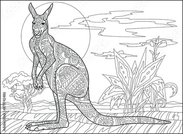 Obraz Stylized Australian wild kangaroo in the jungle with animals, sun and trees