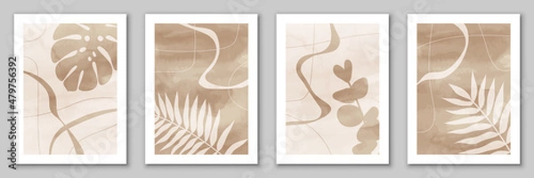 Obraz Leafs and abstract organic shapes and lines for wall decoration, cover, poster, EPS 10 vector template