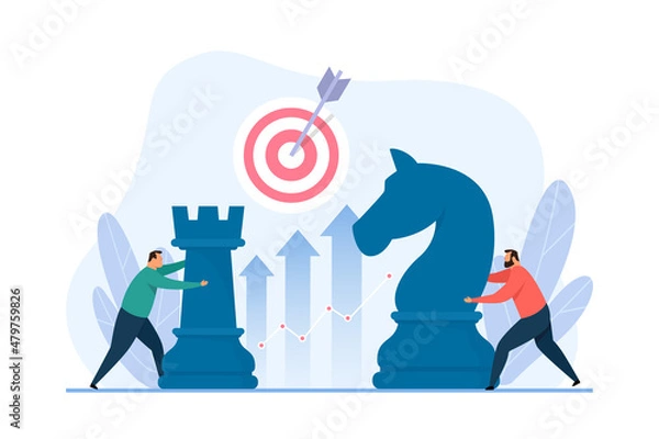 Fototapeta Business strategy concept. Two characters moving chess pieces. Vector illustration of business metaphor.