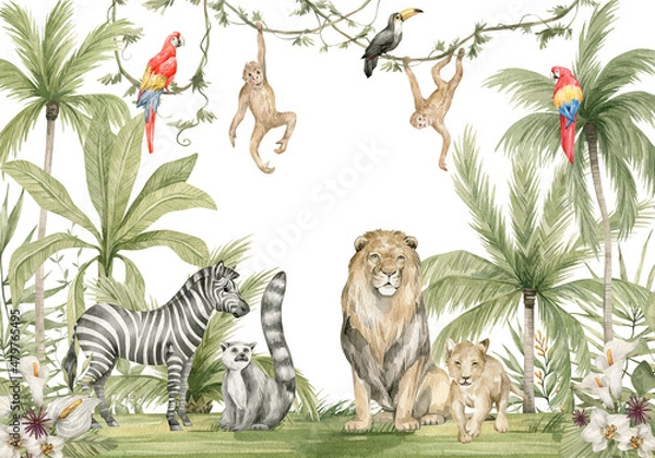 Fototapeta Skład akwareli z afrykańskimi zwierzętami i elementami naturalnymi. Lion, Zebra, Monkeys, papugi, palmy, kwiaty. Safari Wild Creatures. Dżungla, tropikalna ilustracja tapety dla żłobków