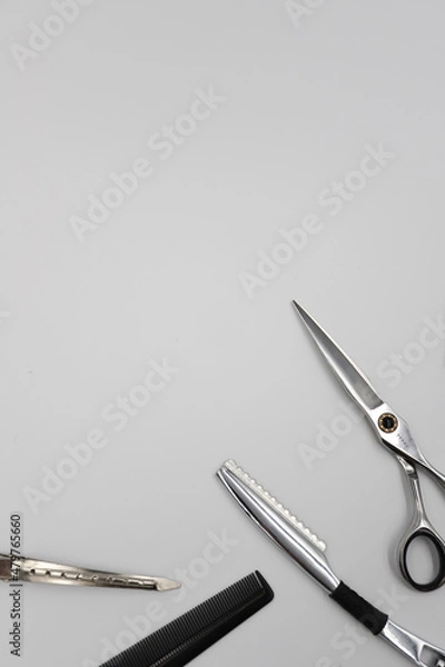 Fototapeta a set of professional combs, scissors, razors and hairpins unfolds on a light background