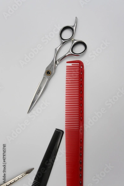 Fototapeta set of professional stylist tools on a light background
