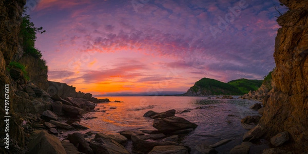 Obraz Sunset over the sea, mountains by the sea, sunset in the mountains, sun, summer, hills, ocean, sea,