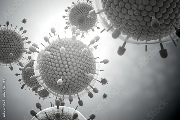 Fototapeta Paramyxovirus mumps , COVID pandemic, Close-up of virus under microscope. Realistic high quality medical 3d render.