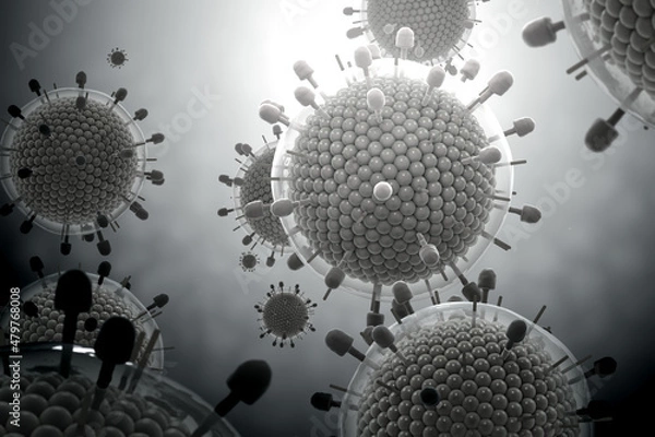 Fototapeta Paramyxovirus mumps , COVID pandemic, Close-up of virus under microscope. Realistic high quality medical 3d render.