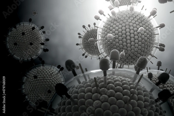 Fototapeta Paramyxovirus mumps , COVID pandemic, Close-up of virus under microscope. Realistic high quality medical 3d render.