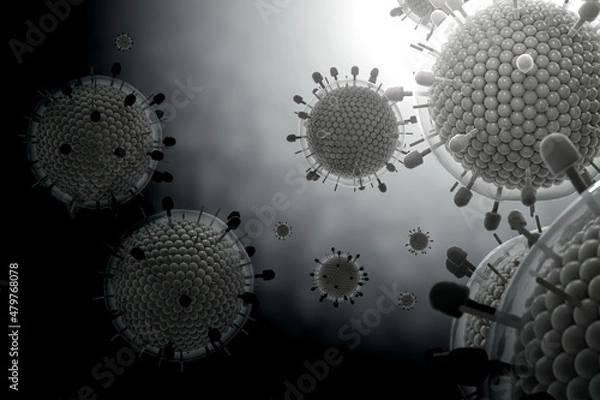 Fototapeta Paramyxovirus mumps , COVID pandemic, Close-up of virus under microscope. Realistic high quality medical 3d render.