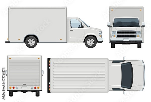 Obraz Box van vector template with simple colors without gradients and effects. View from side, front, back, and top