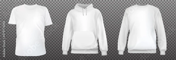 Obraz Set of realistic white t-shirt, sweatshirt, hoodie base cloth isolated on transparent background. Blank mockup for branding man or woman fashion. Design casual template. 3d vector illustration.