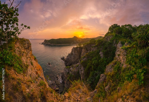 Fototapeta Sunset over the sea, mountains by the sea, sunset in the mountains, sun, summer, hills, ocean, sea,