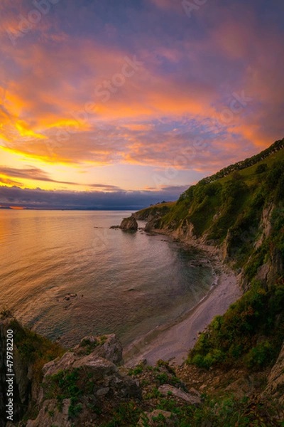 Obraz Sunset over the sea, mountains by the sea, sunset in the mountains, sun, summer, hills, ocean, sea,