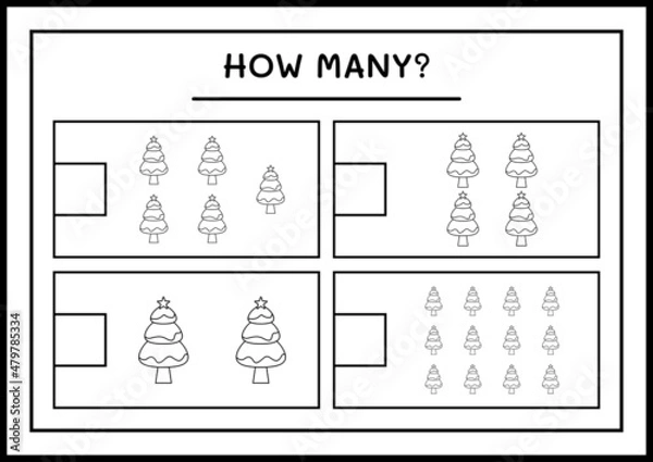 Fototapeta How many christmas tree, game for children. Vector illustration, printable worksheet