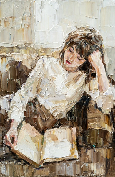 Fototapeta A young girl reads an interesting book on a light warm background. Oil painting on canvas.