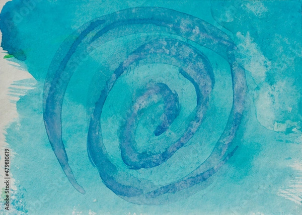 Obraz Watercolour spiral motive. Colourful. Abstract background. Splashes. Blue colour. Aquarele paper. Hand painted.