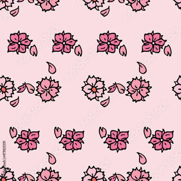Fototapeta Vector pink background white pink cherry tree flowers and cherry blossom sakura flowers. Seamless pattern background