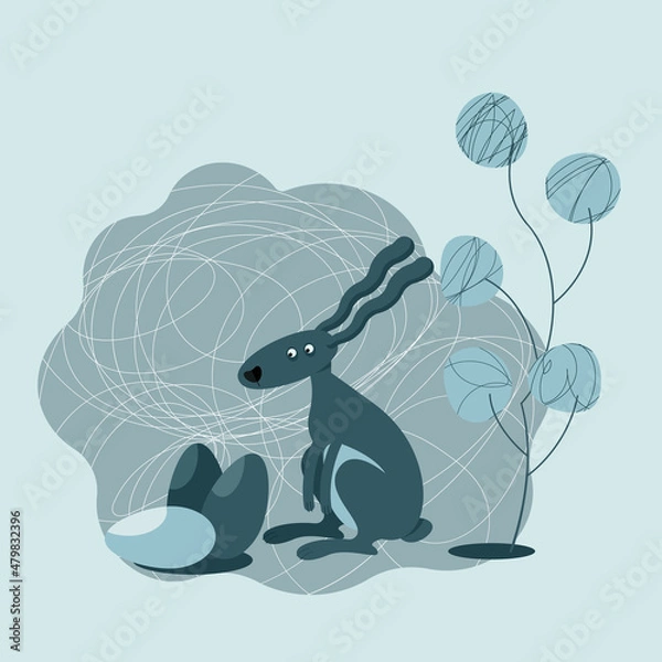 Fototapeta Funny Easter bunny with eggs illustration isolated on blue background. Easter funny card