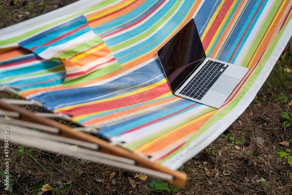 Fototapeta Laptop on a striped hammock. Freelancer remote work concept.