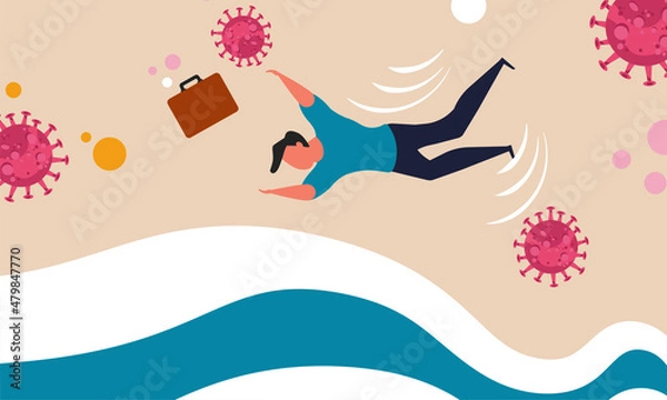 Fototapeta Second wave vaccine tsunami and businessman health fall with economic. Coronavirus risk and flu vector illustration concept. Death for pneumonia and collapse vaccination. Covid 19 warning and crisis