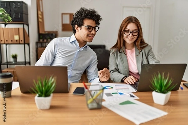 Fototapeta Two business workers smiling happy working using laptop at the office.