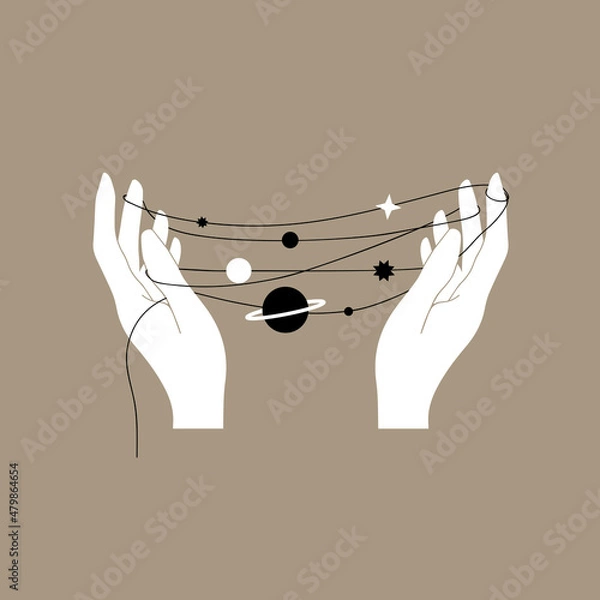 Obraz Astrology and esoteric. White hands, thread, planets, stars. Isolated brown background. Perfect for an avatar, logo, postcard.