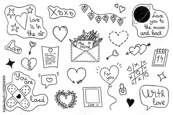 Fototapeta Vector set of hand-drawn elements for valentine's day or wedding day. Set of the symbols of love, popular love phrases. Hearts, text, catchwords and other elements. Illustration for cover, sticker