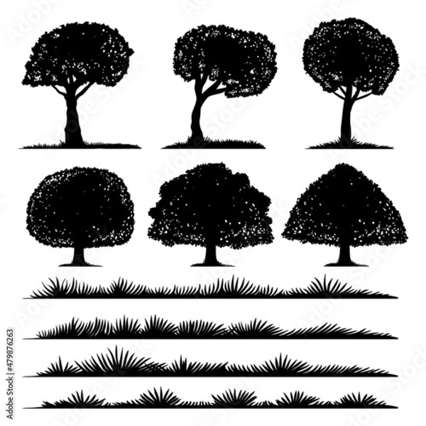 Obraz Tree silhouette and grass set collection
