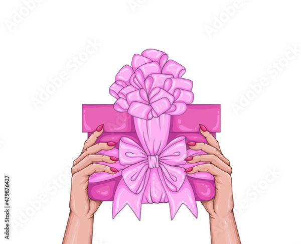 Fototapeta Vector drawing congratulations elegant woman hand. Woman Fashion model fingers with manicure long sharp nails holding pink gift boxes decorated ribbons and bows. Design print Festive greeting present 