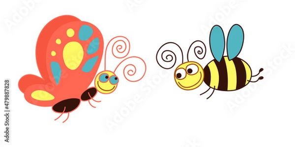 Obraz Vector illustration. Butterfly, bee. White background.