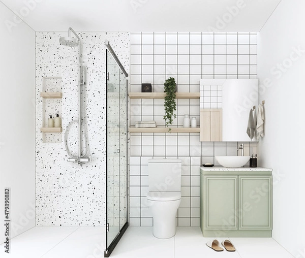 Fototapeta modern bathroom with black and white terrazzo,shower,toilet,green counter basin,wooden shelf , white tile 3d rendering.