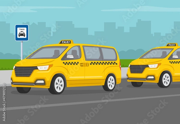 Fototapeta City taxi service parking area. Perspective view of a taxi van vehicles. Flat vector illustration template.