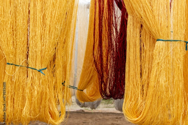 Fototapeta Silk threads for weaving Persian carpets ، Drying after dyeing