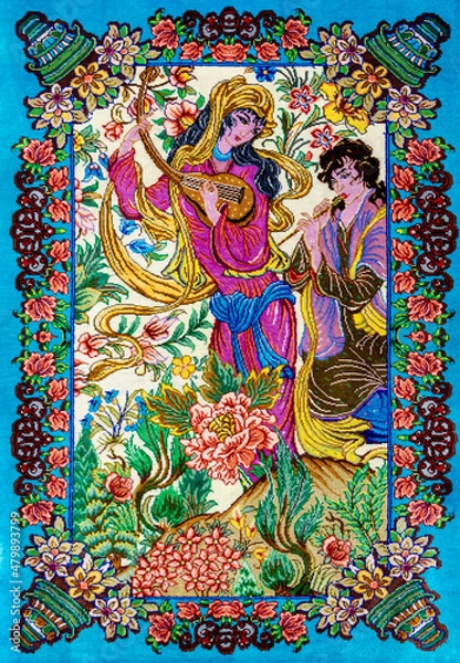 Fototapeta Iranian handmade silk carpet with the legendary design of Layla and Majnun