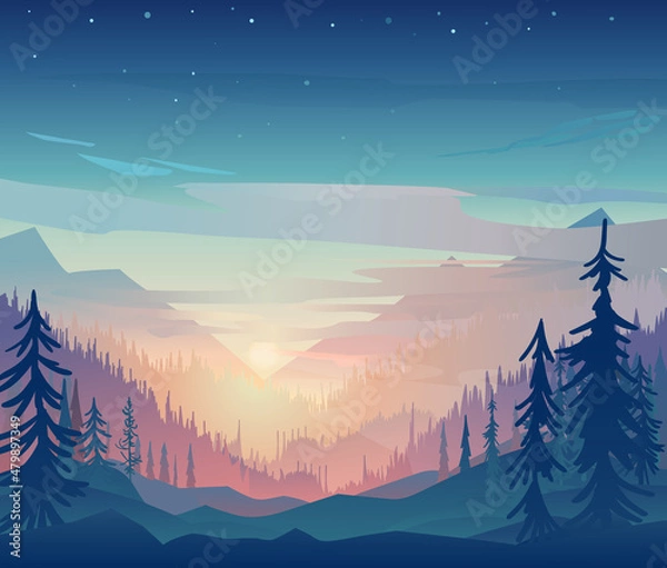 Fototapeta Vector. Mountains and forest landscape in early daylight. Beautiful geometric illustrations.
