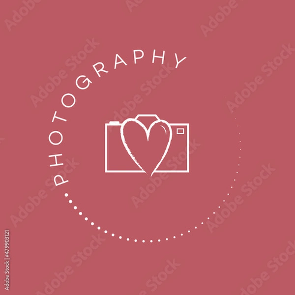 Fototapeta White photography stamp logo on a red coloured background. Wedding photographer logo. With love camera icon. Romantic logo design. Hand drawn stamp icon.