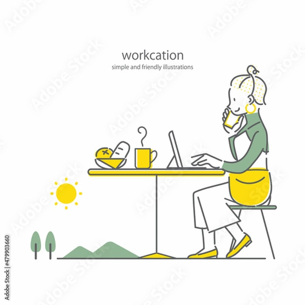 Fototapeta ワーケーションでのびのび働くフリーランサー　シンプルでお洒落な線画イラスト