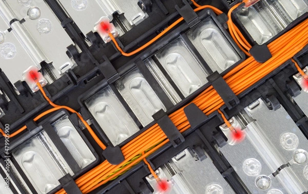 Fototapeta Selective focus of Electric car lithium battery pack and wiring connections internal between cells on background.	