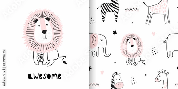 Fototapeta Illustration and seamless childish pattern with cute animals in black and white style