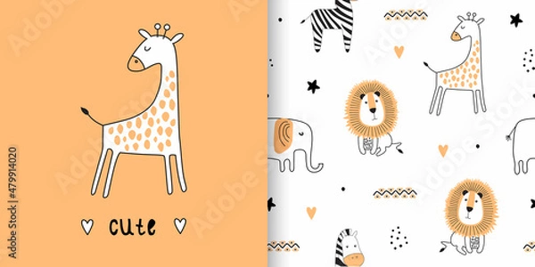 Fototapeta Illustration and seamless childish pattern with cute animals in black and white style