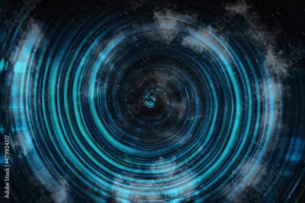 Fototapeta Blue abstract background with spiral pattern. Galaxies with stars and planets with circular motifs in deep blue lines of the universe night light space. No render.