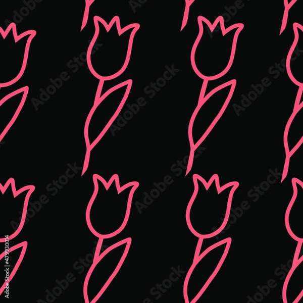 Fototapeta A pattern with pink tulips on a black background. A simple vector background for doodle-style design for packages, websites, fabric printing and postcards. Spring romantic illustration.