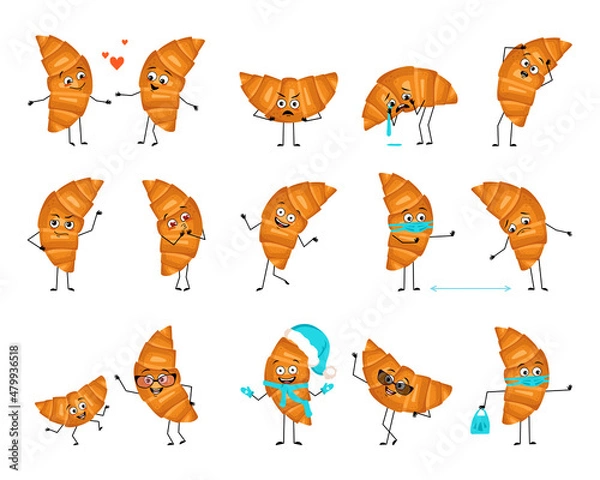 Fototapeta Cute croissant character with happy or sad emotions, panic, loving or brave face, hands and legs. Cheerful baking person with mask, glasses or hat. Vector flat illustration