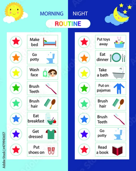 Fototapeta Kids Daily Responsibilities Chart, Kids Daily Routine, Chore Chart, Morning Evening Checklist, Daily Task List, Children's Job Poster,